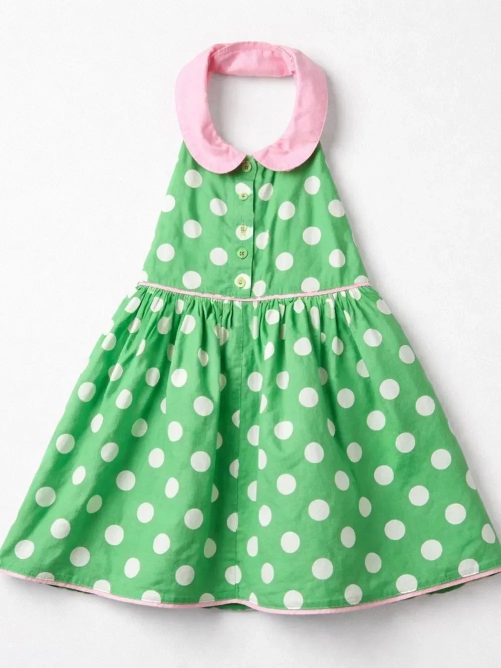Mini Boden green and white polkadot smocked back halter dress Peter Pan collar